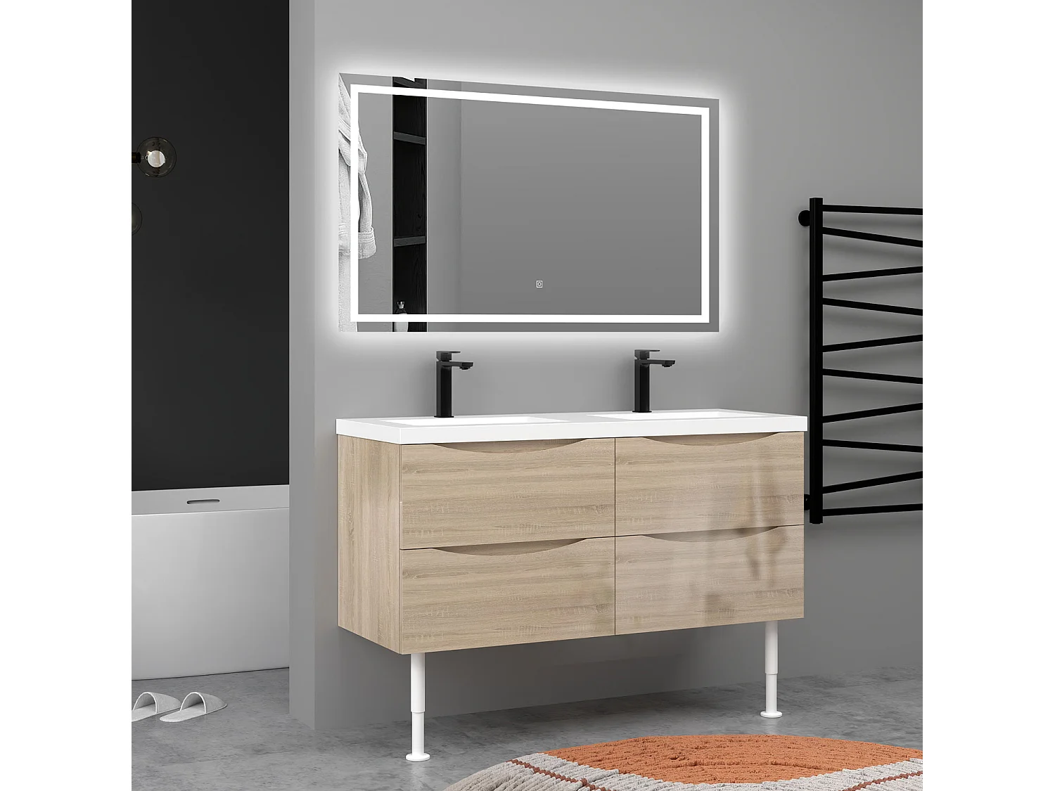 Meuble de salle de bain Brillant, Meuble de sol 120cm avec simple vasque + 4 tiroirs, Chêne