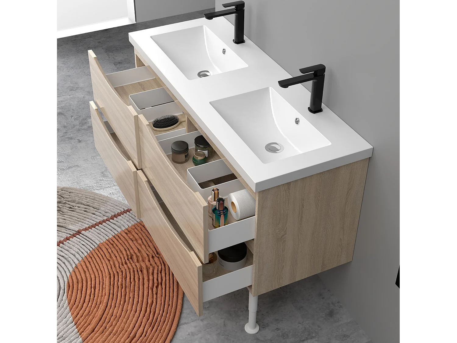 Meuble de salle de bain Brillant, Meuble de sol 120cm avec simple vasque + 4 tiroirs, Chêne