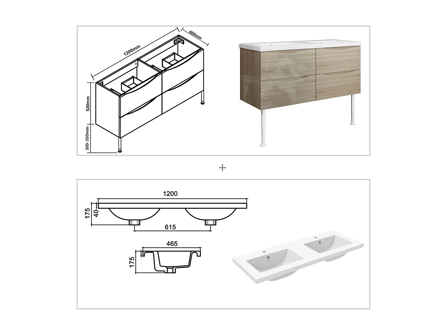 Meuble de salle de bain Brillant, Meuble de sol 120cm avec simple vasque + 4 tiroirs, Chêne
