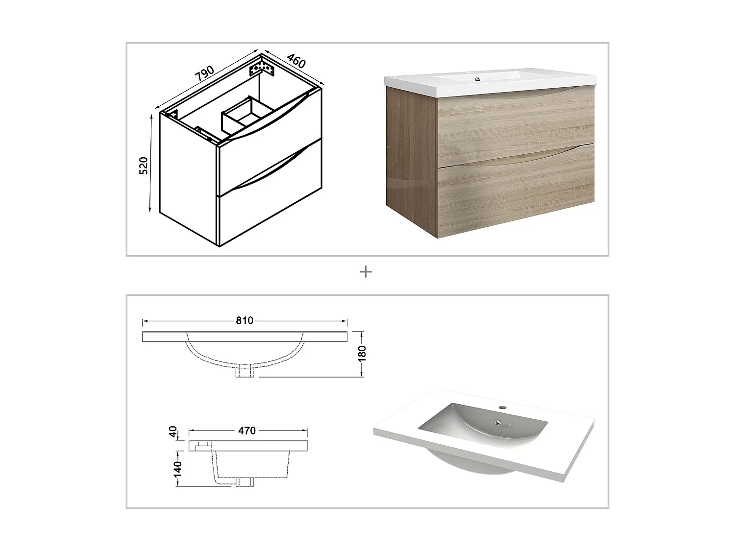 Meuble de salle de bain suspendu Brillant 80cm avec simple vasque + 2 tiroirs, Chêne