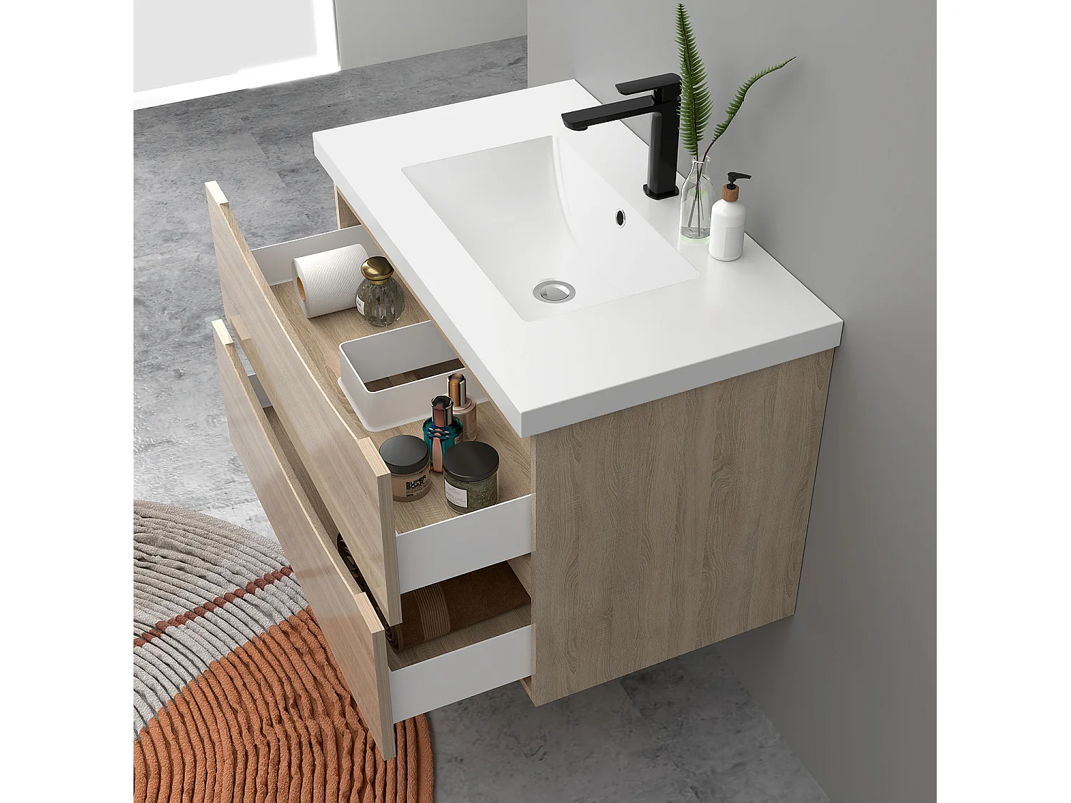 Meuble de salle de bain suspendu Brillant 80cm avec simple vasque + 2 tiroirs, Chêne
