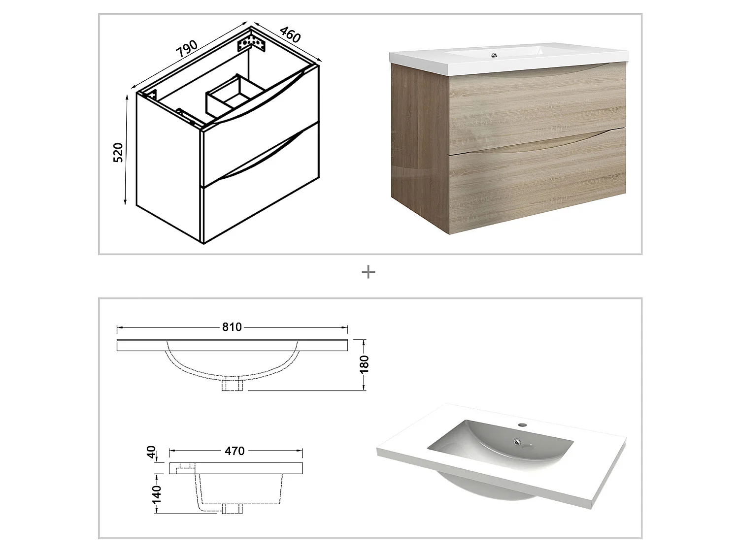 Meuble de salle de bain suspendu Brillant 80cm avec simple vasque + 2 tiroirs, Chêne