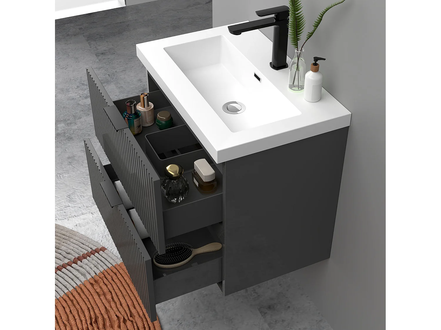Meuble de salle de bain suspendu Strié Brillant 60cm avec simple lavabo + 2 tiroirs, Anthracite