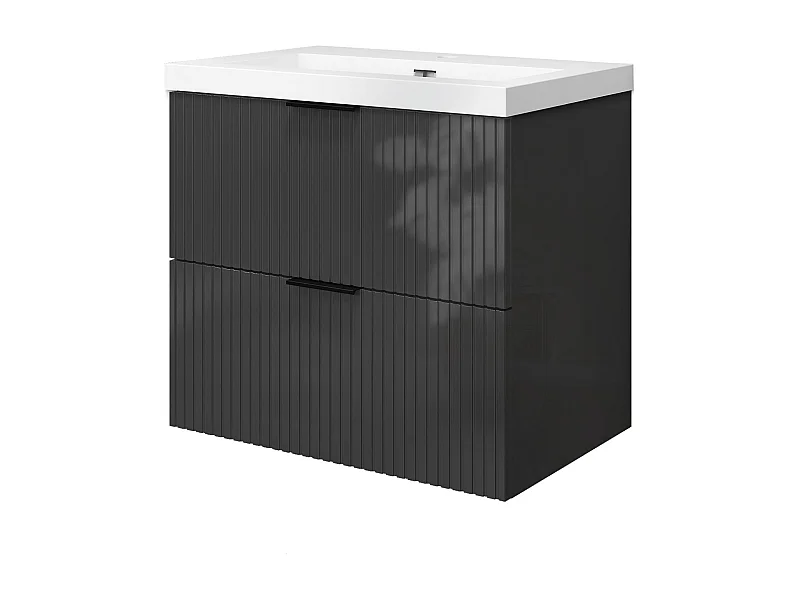 Meuble de salle de bain suspendu Strié Brillant 60cm avec simple lavabo + 2 tiroirs, Anthracite