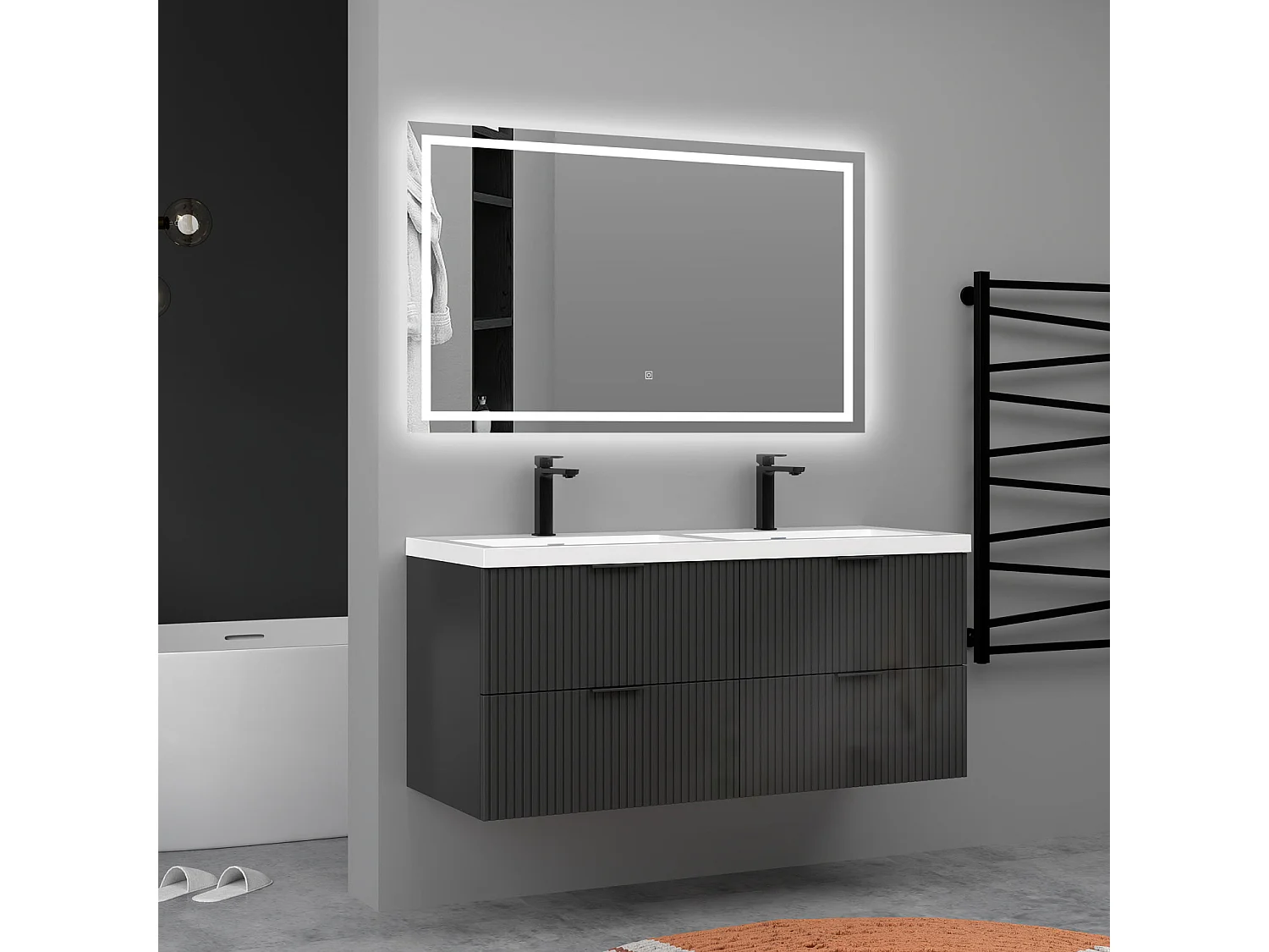 Meuble de salle de bain suspendu Strié Brillant 120cm avec simple lavabo + 4 tiroirs, Anthracite
