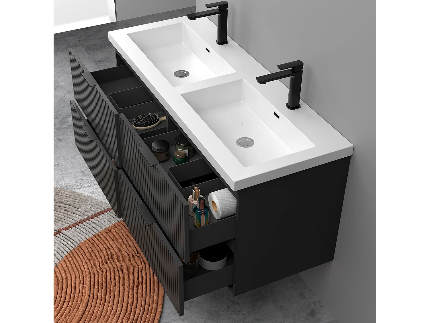 Meuble de salle de bain suspendu Strié Brillant 120cm avec simple lavabo + 4 tiroirs, Anthracite