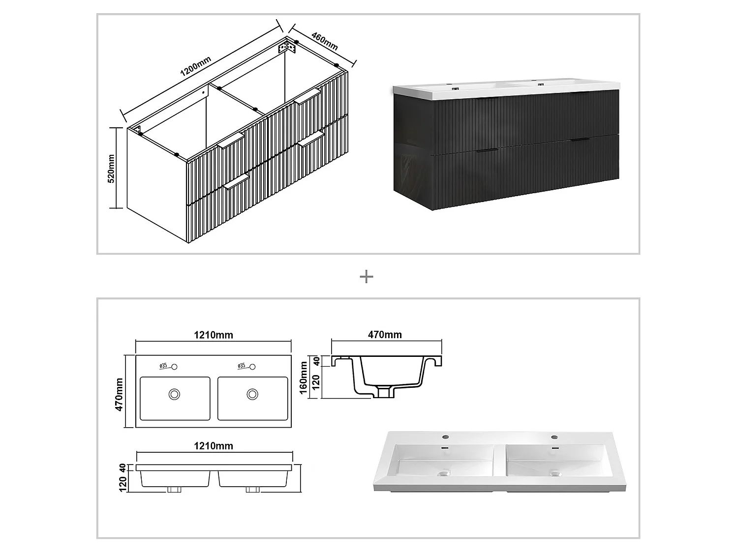 Meuble de salle de bain suspendu Strié Brillant 120cm avec simple lavabo + 4 tiroirs, Anthracite