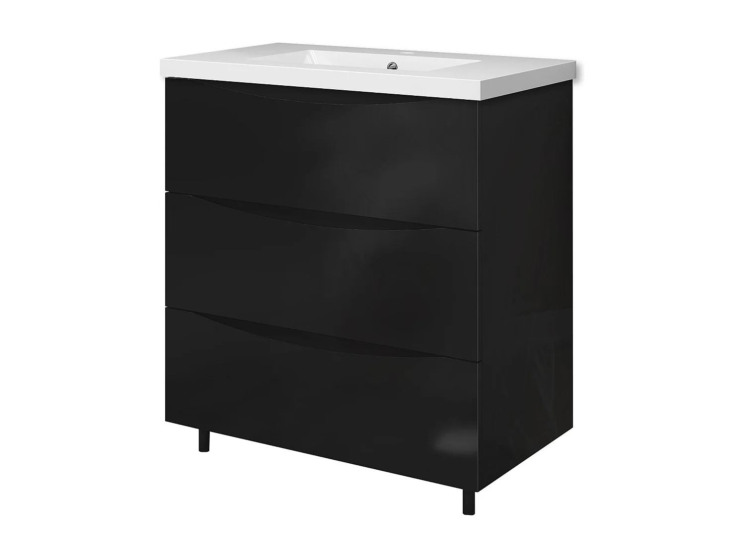 Meuble de salle de bain Brillant, Meuble de sol 80cm avec simple vasque + 3 tiroirs, Noir