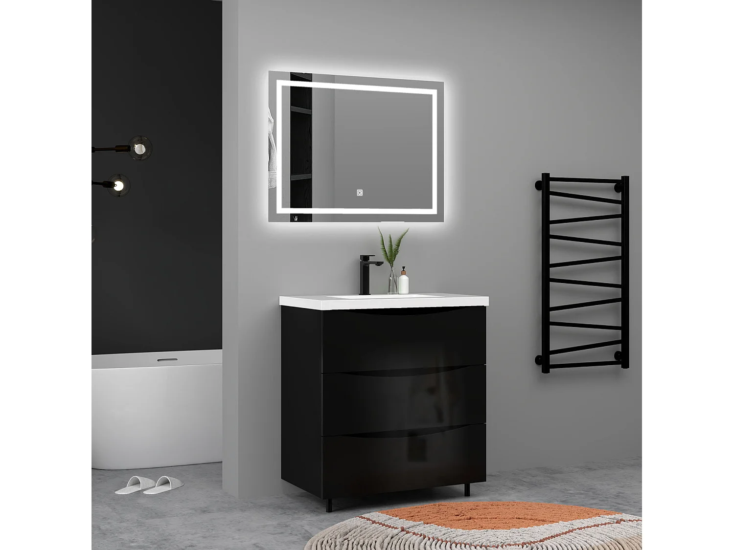 Meuble de salle de bain Brillant, Meuble de sol 80cm avec simple vasque + 3 tiroirs, Noir