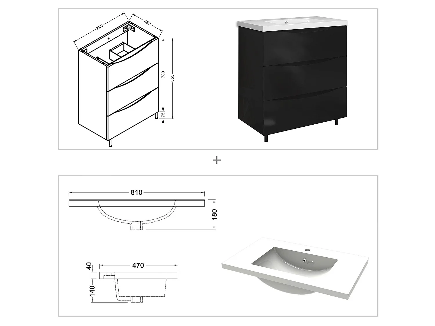 Meuble de salle de bain Brillant, Meuble de sol 80cm avec simple vasque + 3 tiroirs, Noir