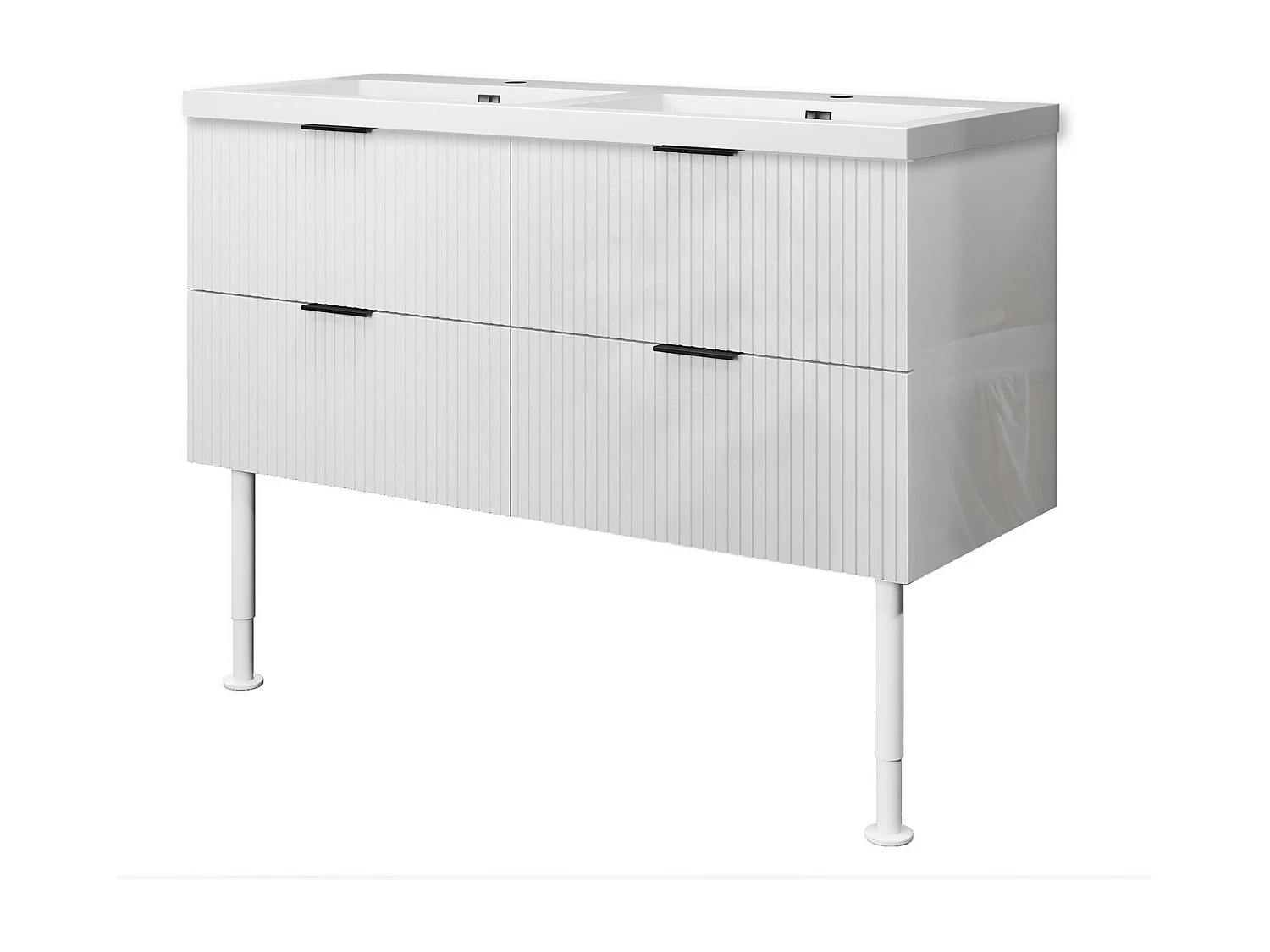Meuble de salle de bain Strié Brillant, Meuble de sol 120cm avec simple lavabo + 4 tiroirs, Blanc