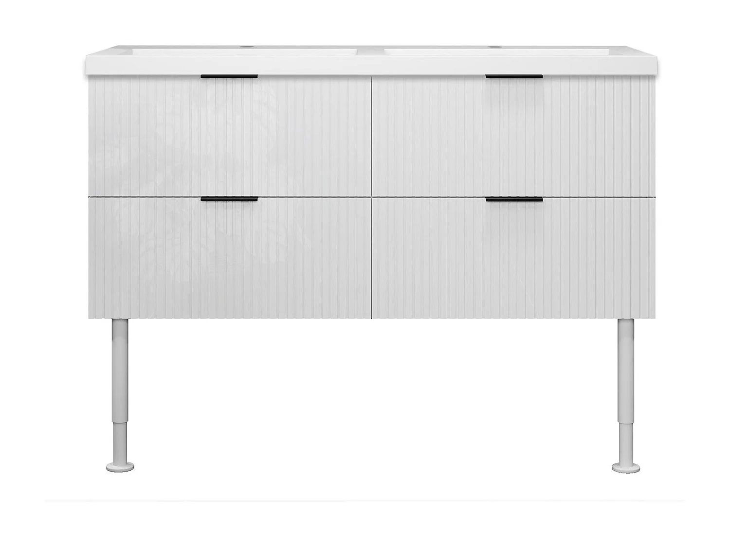 Meuble de salle de bain Strié Brillant, Meuble de sol 120cm avec simple lavabo + 4 tiroirs, Blanc