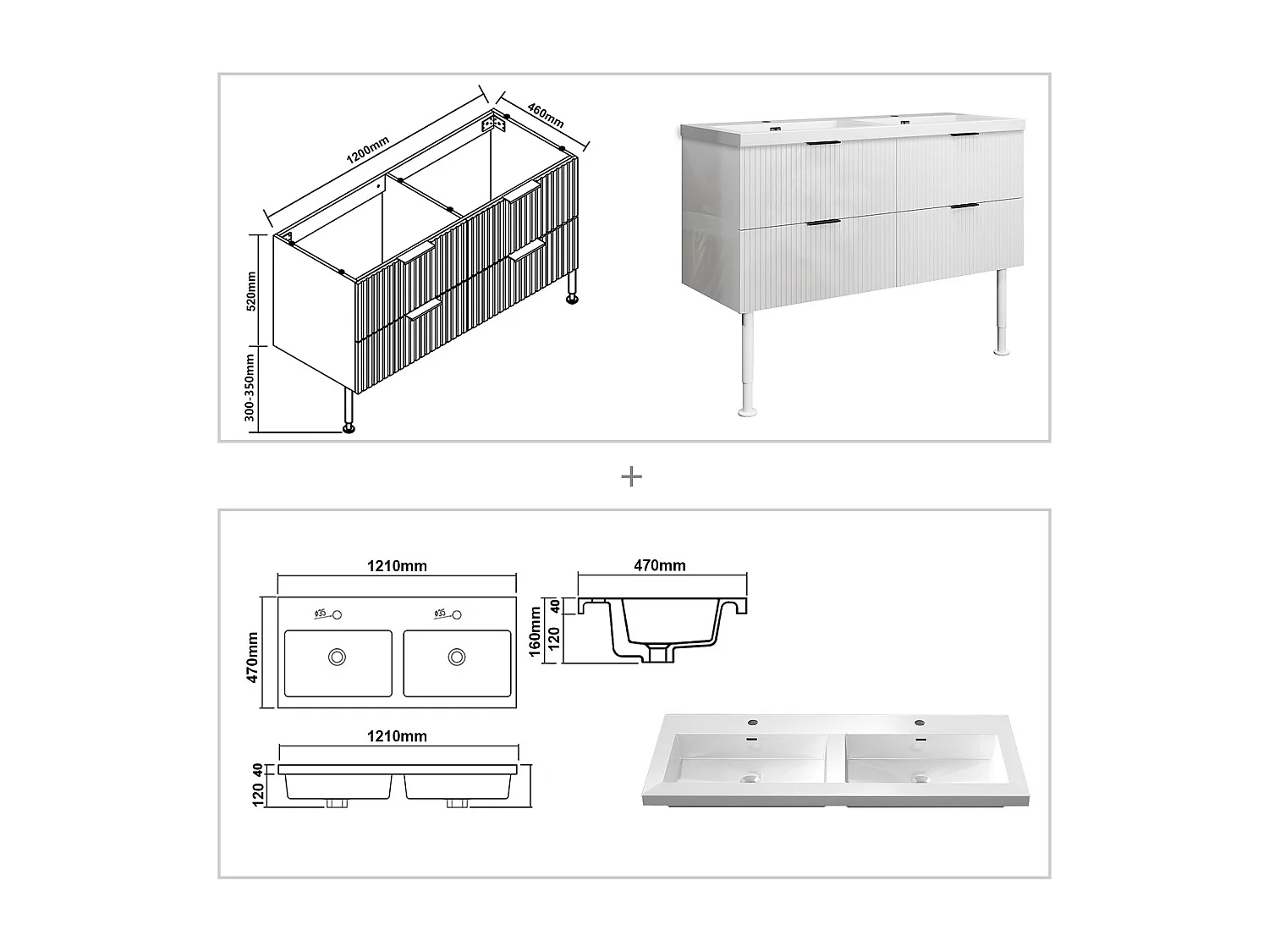 Meuble de salle de bain Strié Brillant, Meuble de sol 120cm avec simple lavabo + 4 tiroirs, Blanc
