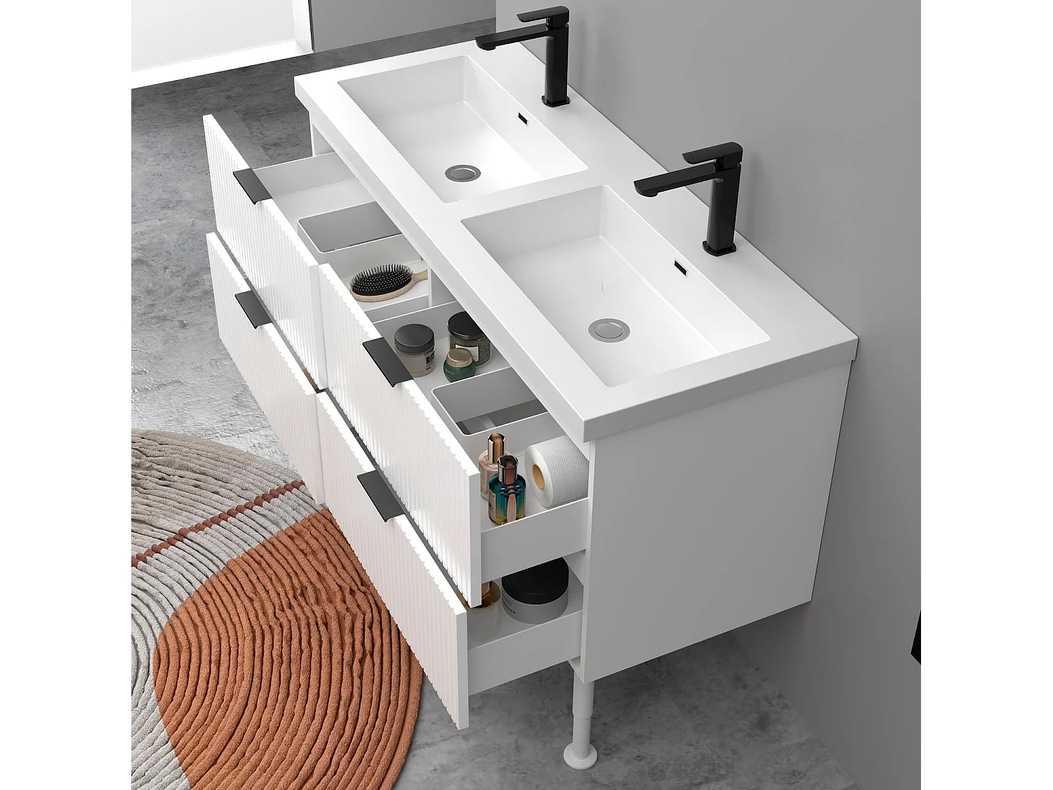 Meuble de salle de bain Strié Brillant, Meuble de sol 120cm avec simple lavabo + 4 tiroirs, Blanc