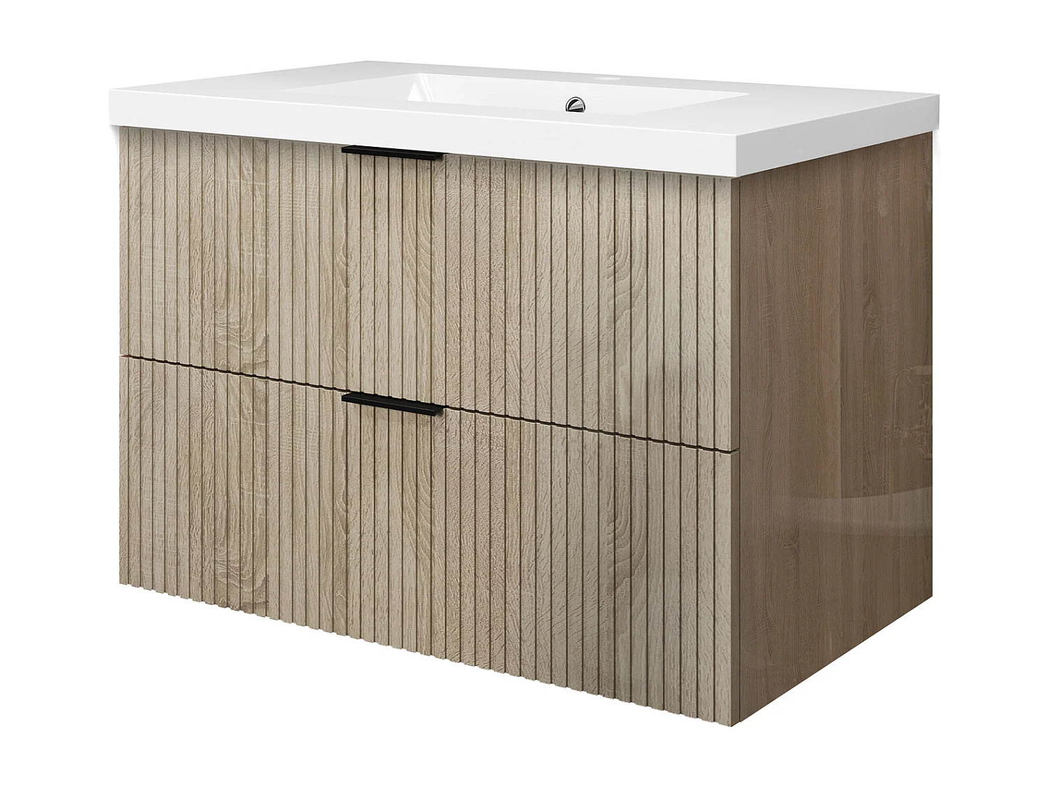 Meuble de salle de bain suspendu Strié Brillant 80cm avec simple vasque + 2 tiroirs, Chêne