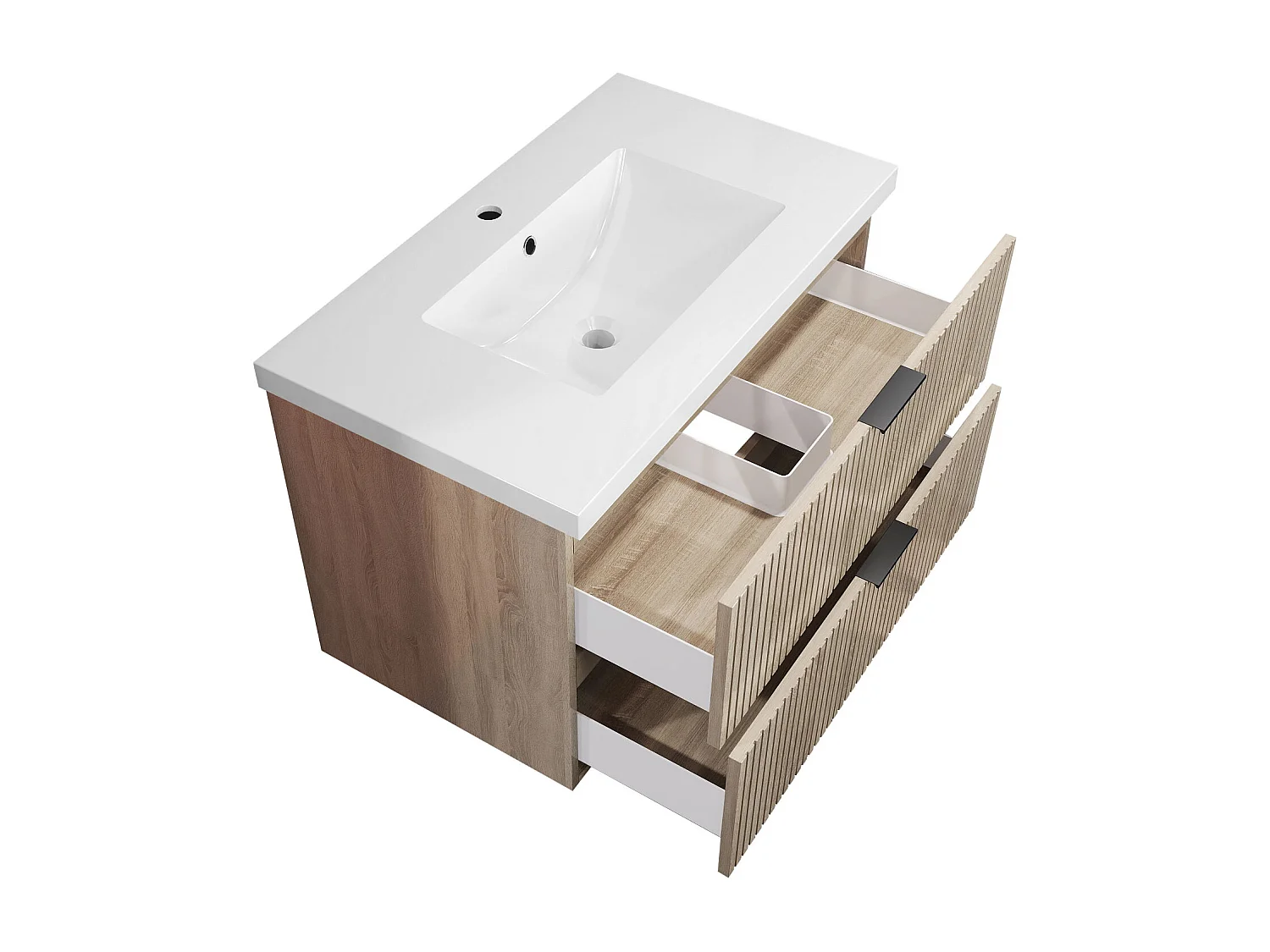 Meuble de salle de bain suspendu Strié Brillant 80cm avec simple vasque + 2 tiroirs, Chêne