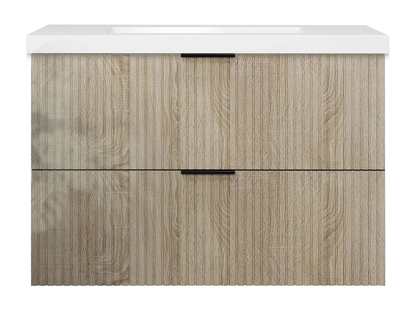 Meuble de salle de bain suspendu Strié Brillant 80cm avec simple vasque + 2 tiroirs, Chêne