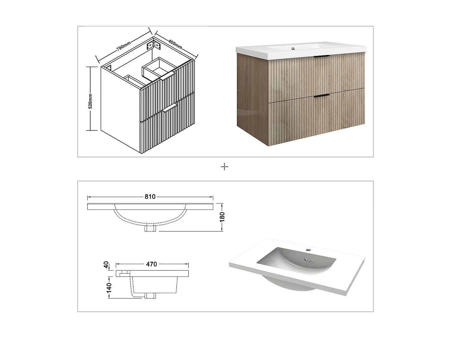 Meuble de salle de bain suspendu Strié Brillant 80cm avec simple vasque + 2 tiroirs, Chêne