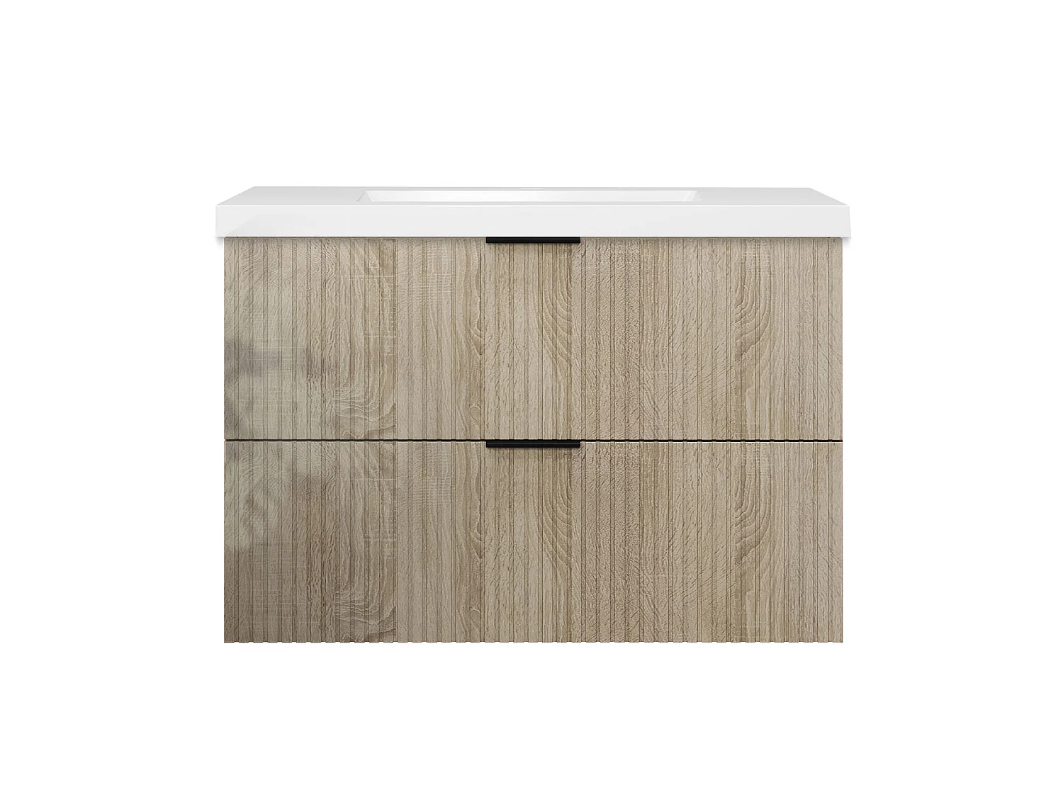 Meuble de salle de bain suspendu Strié Brillant 80cm avec simple vasque + 2 tiroirs, Chêne