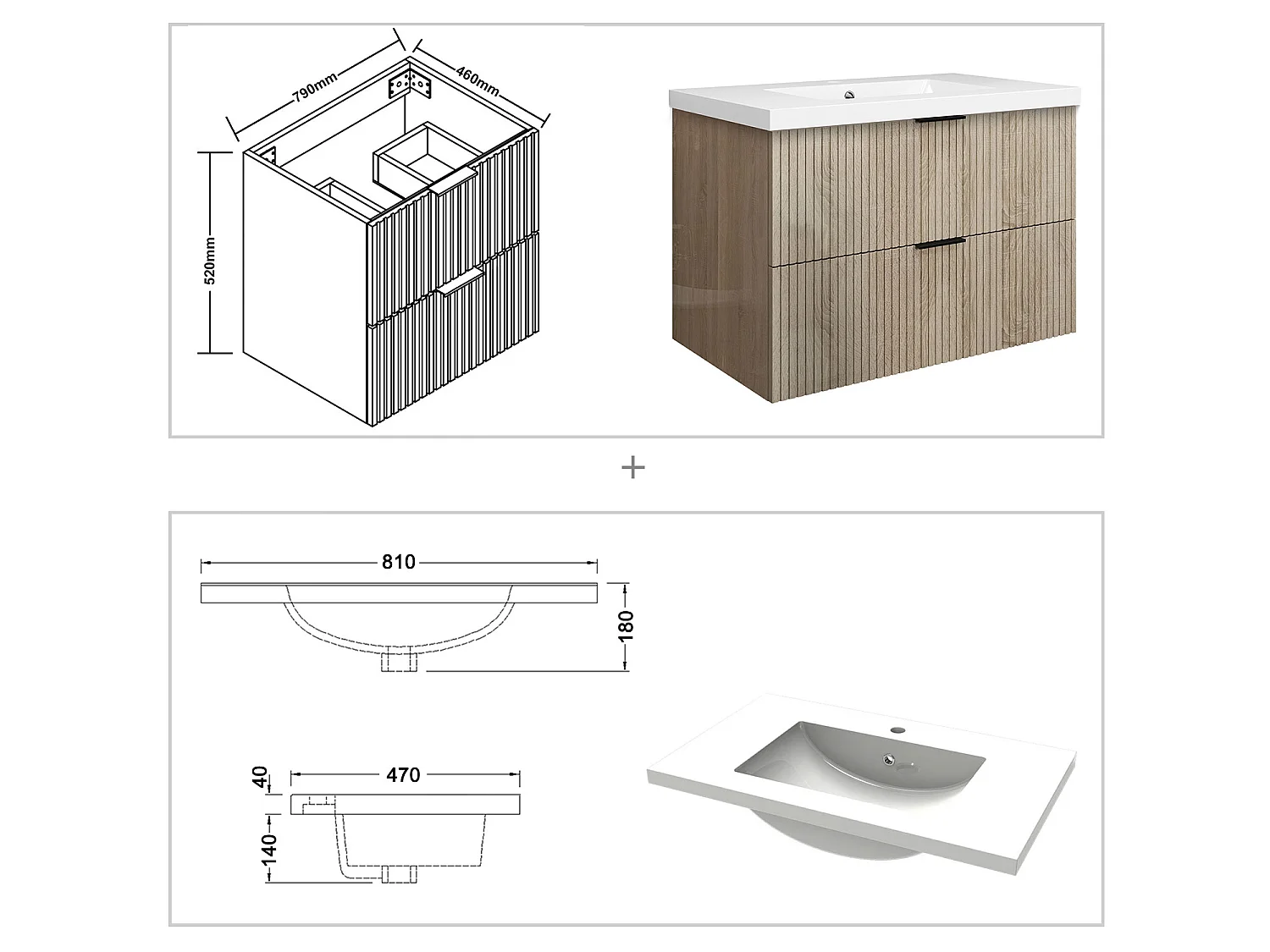 Meuble de salle de bain suspendu Strié Brillant 80cm avec simple vasque + 2 tiroirs, Chêne