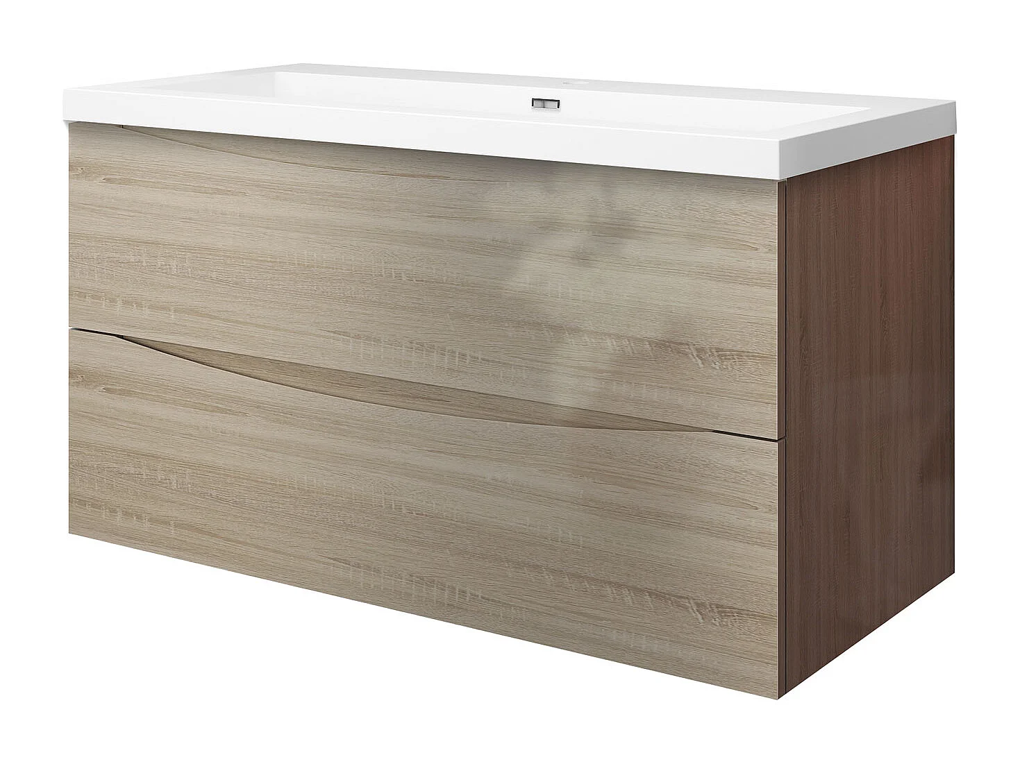 Meuble de salle de bain suspendu Brillant 100cm avec simple lavabo + 2 tiroirs, Chêne