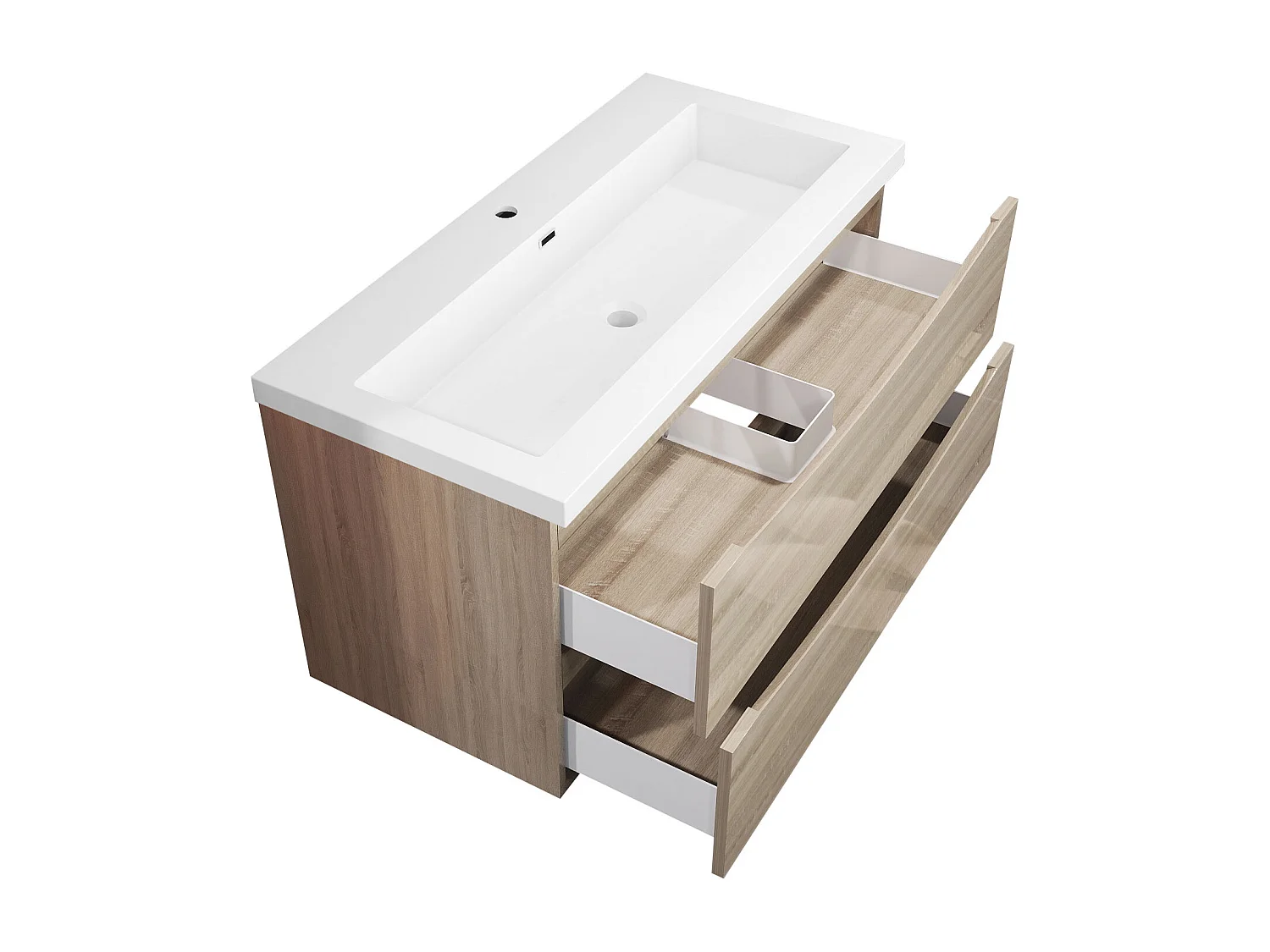 Meuble de salle de bain suspendu Brillant 100cm avec simple lavabo + 2 tiroirs, Chêne