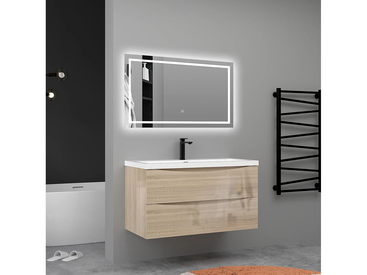 Meuble de salle de bain suspendu Brillant 100cm avec simple lavabo + 2 tiroirs, Chêne