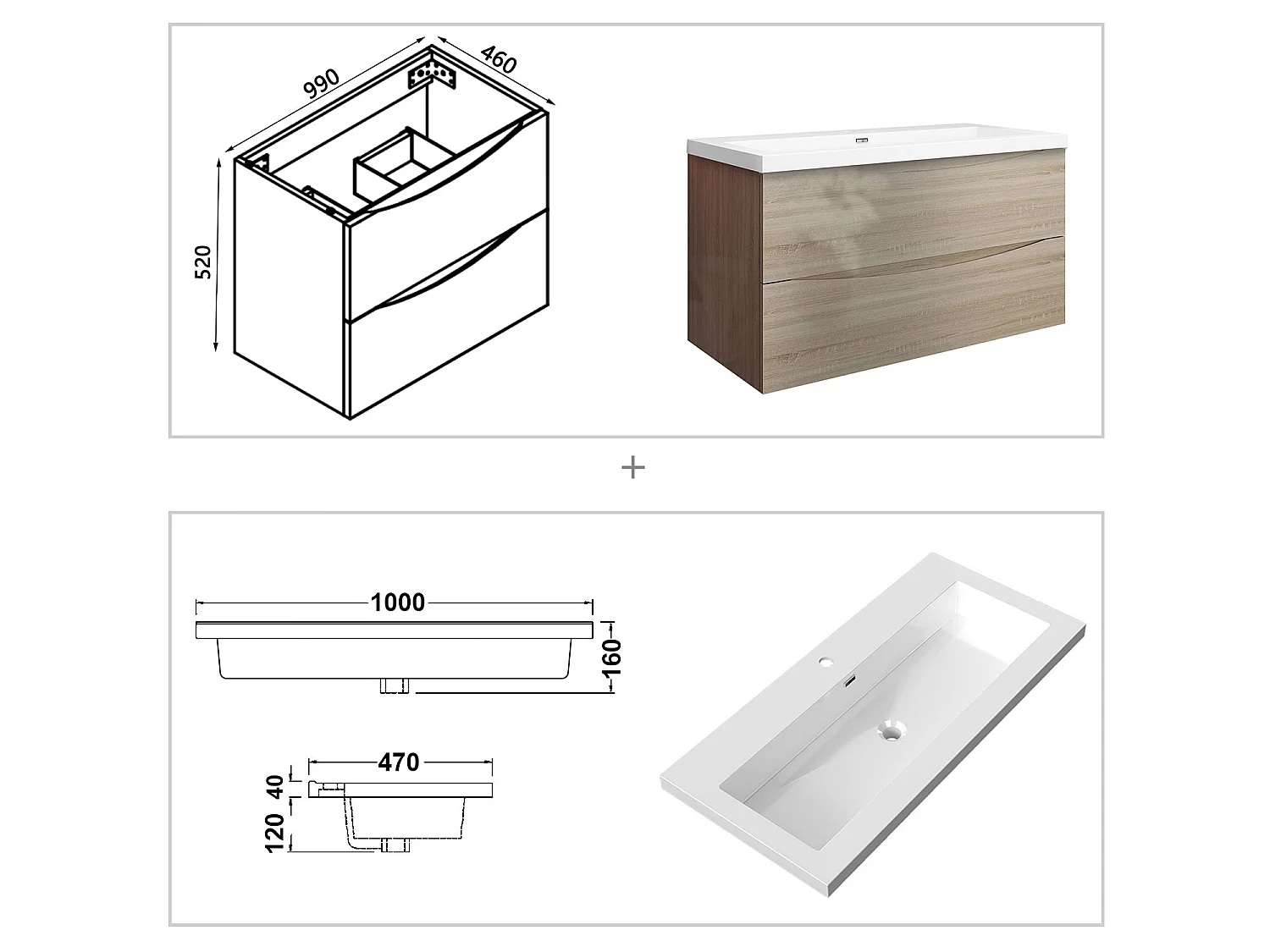 Meuble de salle de bain suspendu Brillant 100cm avec simple lavabo + 2 tiroirs, Chêne