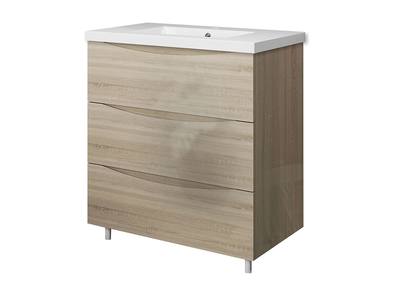 Meuble de salle de bain Brillant, Meuble de sol 80cm avec simple vasque + 3 tiroirs, Chêne