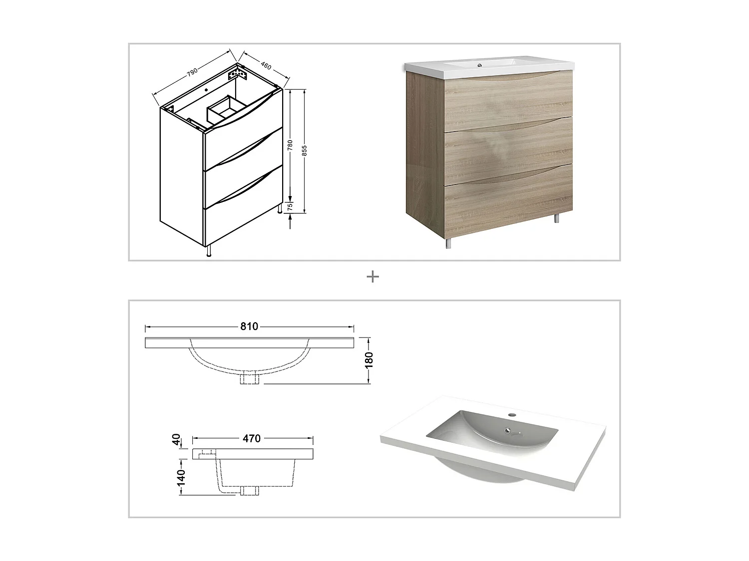 Meuble de salle de bain Brillant, Meuble de sol 80cm avec simple vasque + 3 tiroirs, Chêne