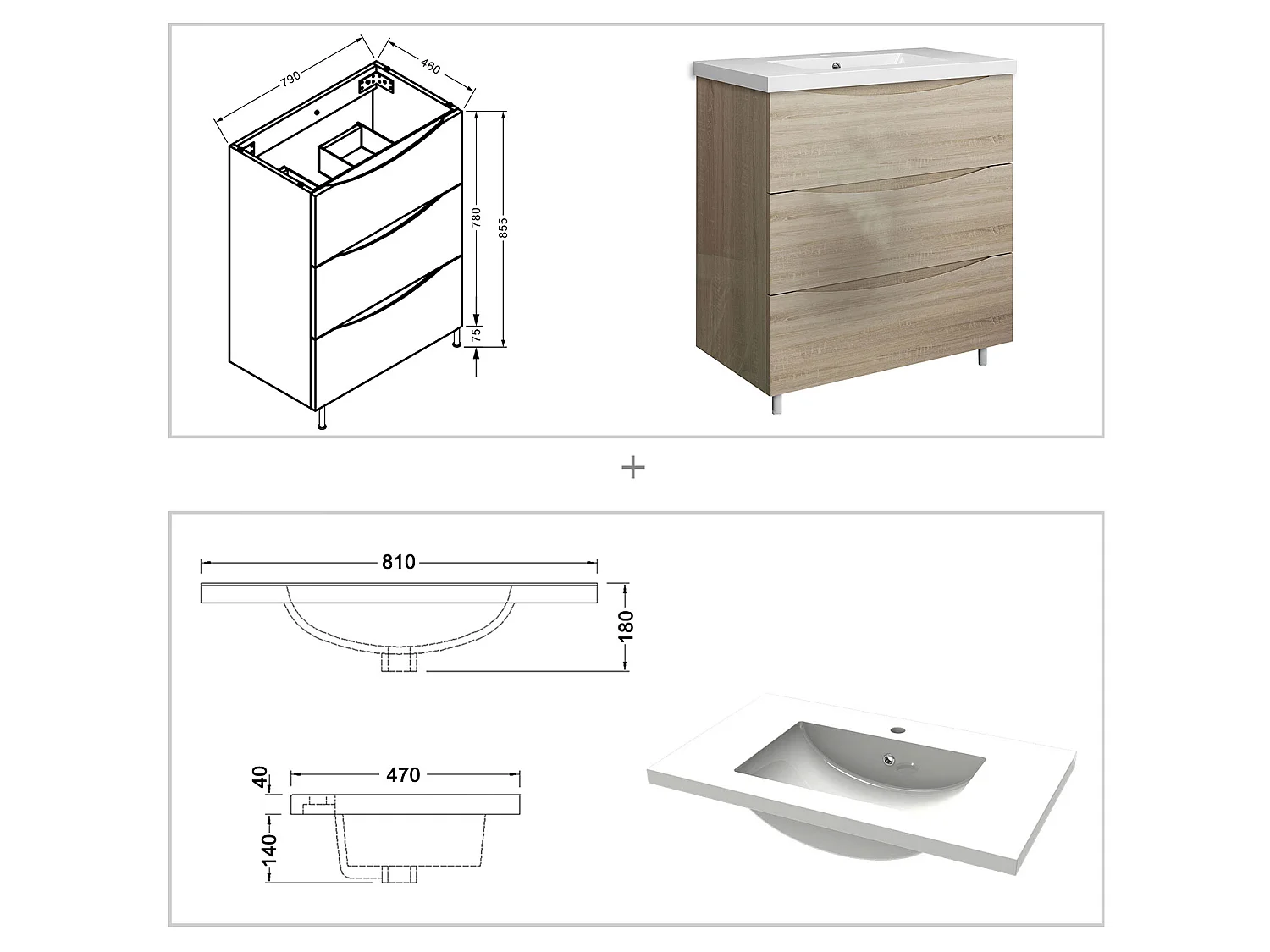 Meuble de salle de bain Brillant, Meuble de sol 80cm avec simple vasque + 3 tiroirs, Chêne