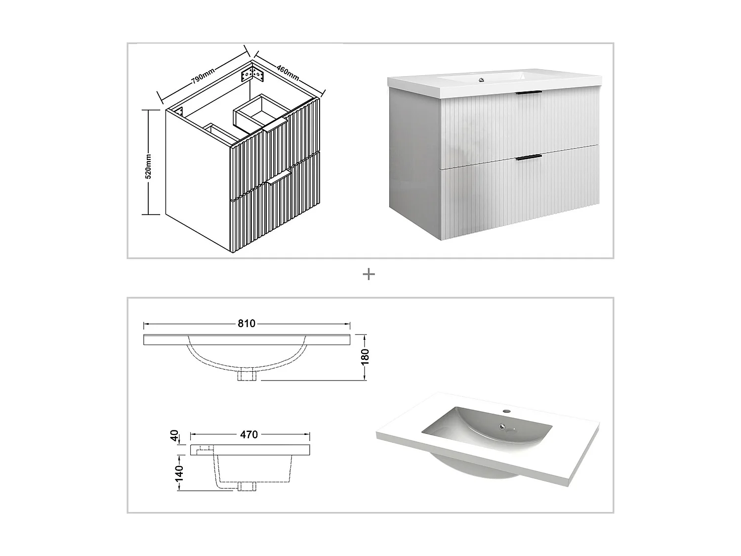 Meuble de salle de bain suspendu Strié Brillant 80cm avec simple vasque + 2 tiroirs, Blanc