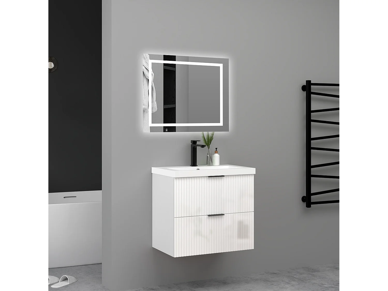 Meuble de salle de bain suspendu Strié Brillant 80cm avec simple vasque + 2 tiroirs, Blanc