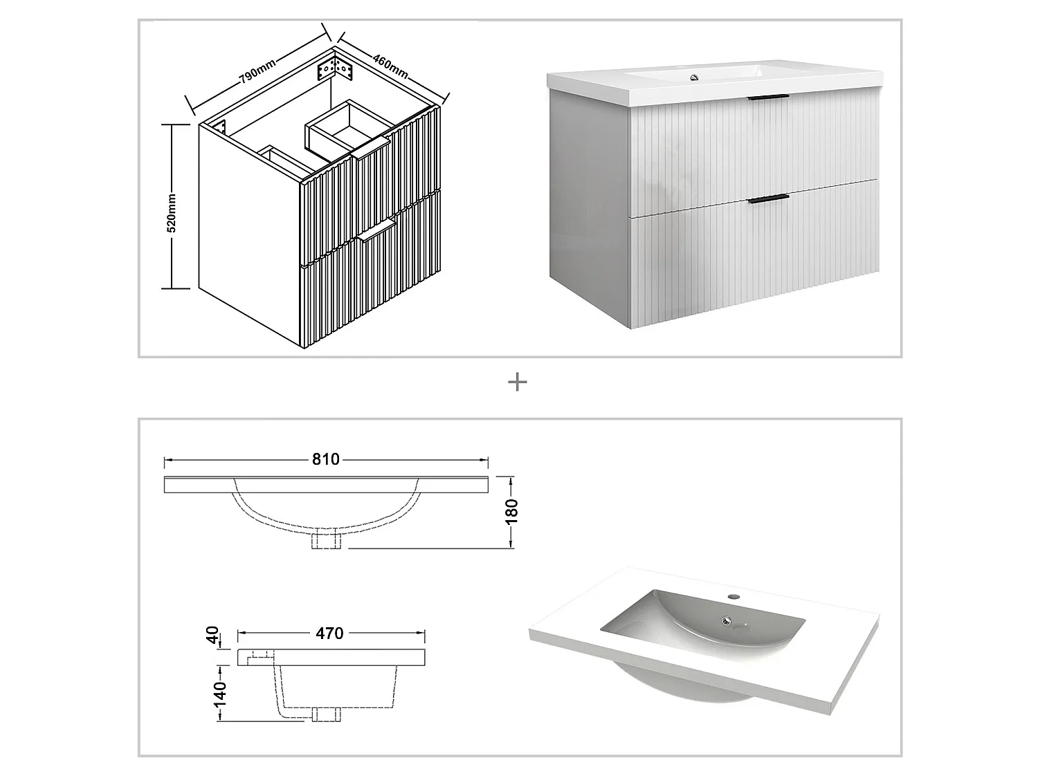 Meuble de salle de bain suspendu Strié Brillant 80cm avec simple vasque + 2 tiroirs, Blanc