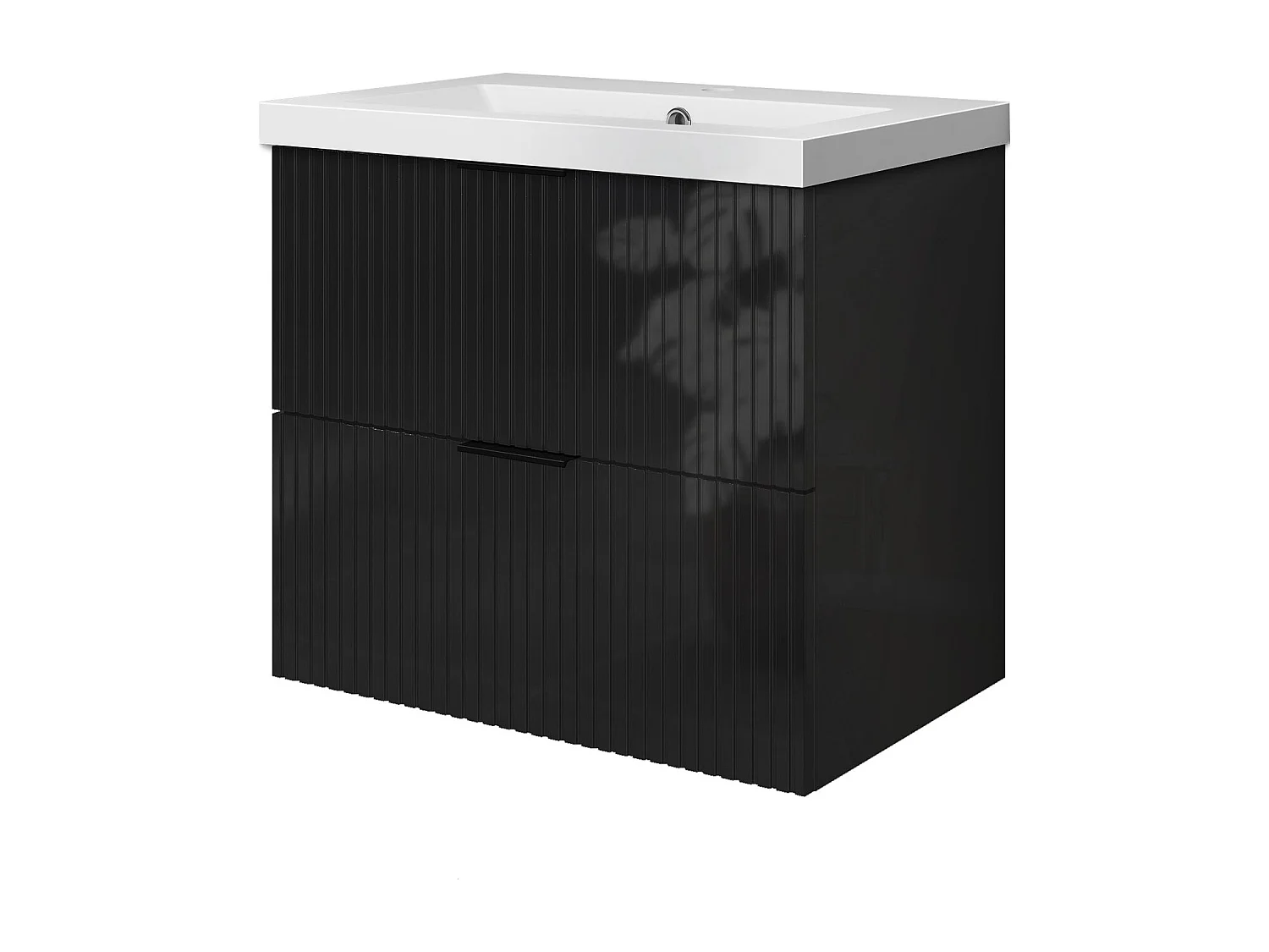 Meuble de salle de bain suspendu Strié Brillant 60cm avec simple vasque + 2 tiroirs, Noir