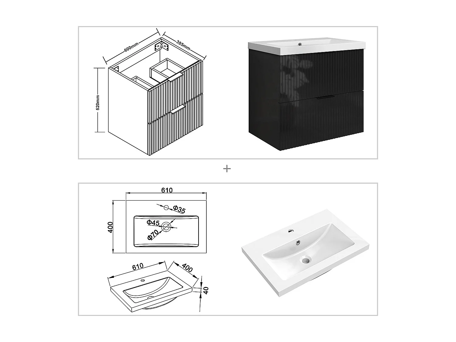 Meuble de salle de bain suspendu Strié Brillant 60cm avec simple vasque + 2 tiroirs, Noir