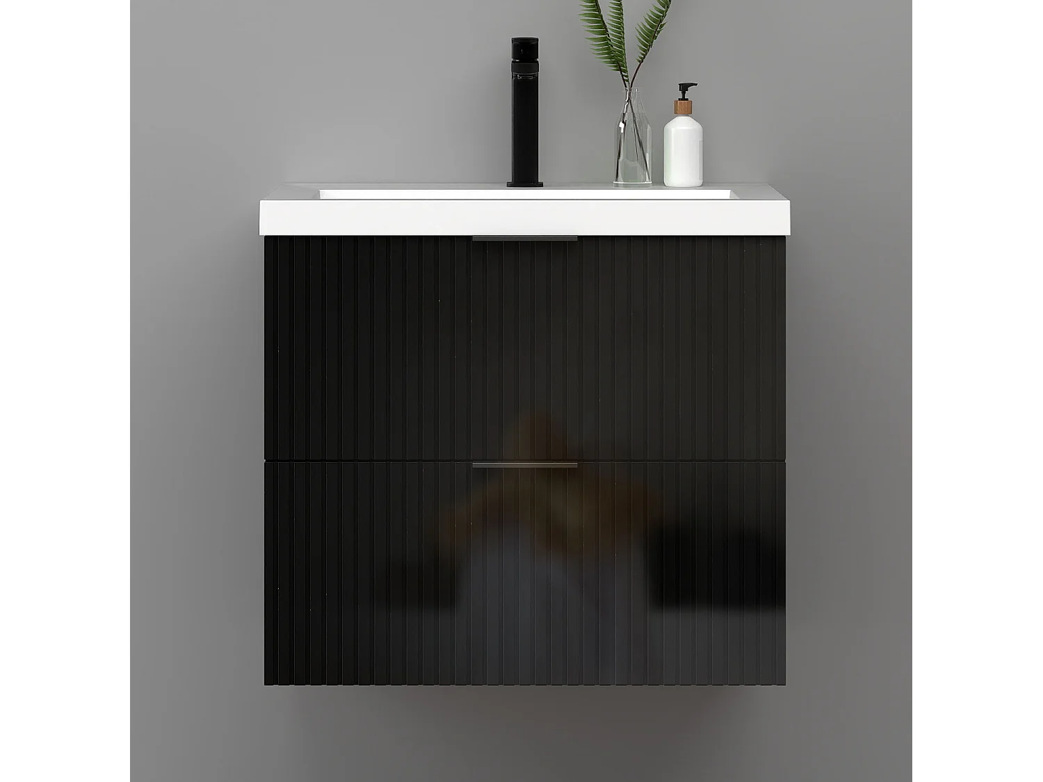 Meuble de salle de bain suspendu Strié Brillant 60cm avec simple vasque + 2 tiroirs, Noir
