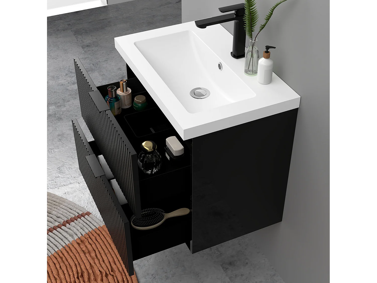 Meuble de salle de bain suspendu Strié Brillant 60cm avec simple vasque + 2 tiroirs, Noir