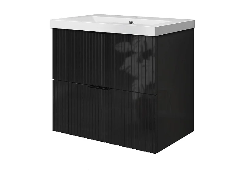 Meuble de salle de bain suspendu Strié Brillant 60cm avec simple vasque + 2 tiroirs, Noir
