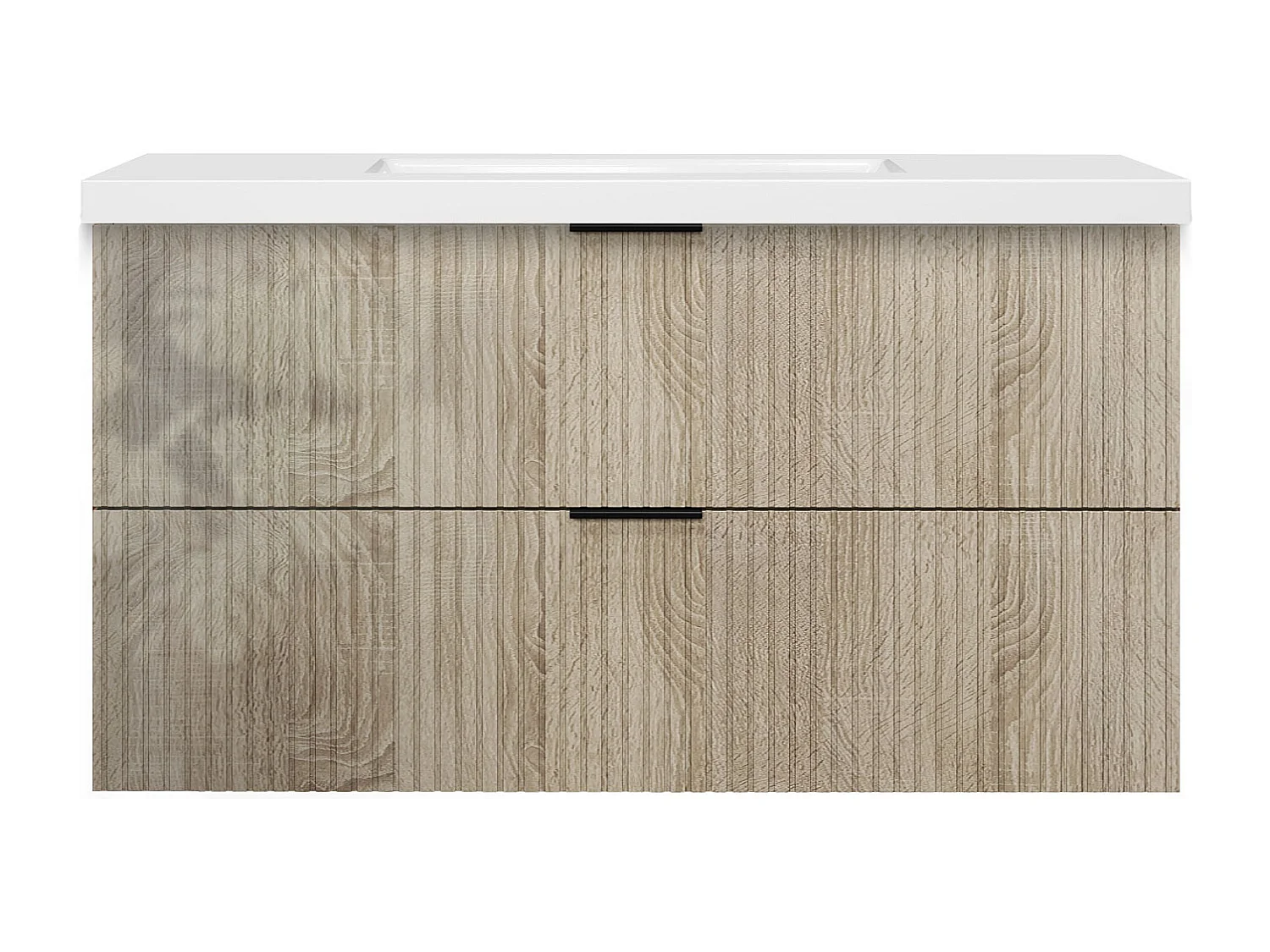 Meuble de salle de bain suspendu Strié Brillant 100cm avec simple vasque + 2 tiroirs, Chêne