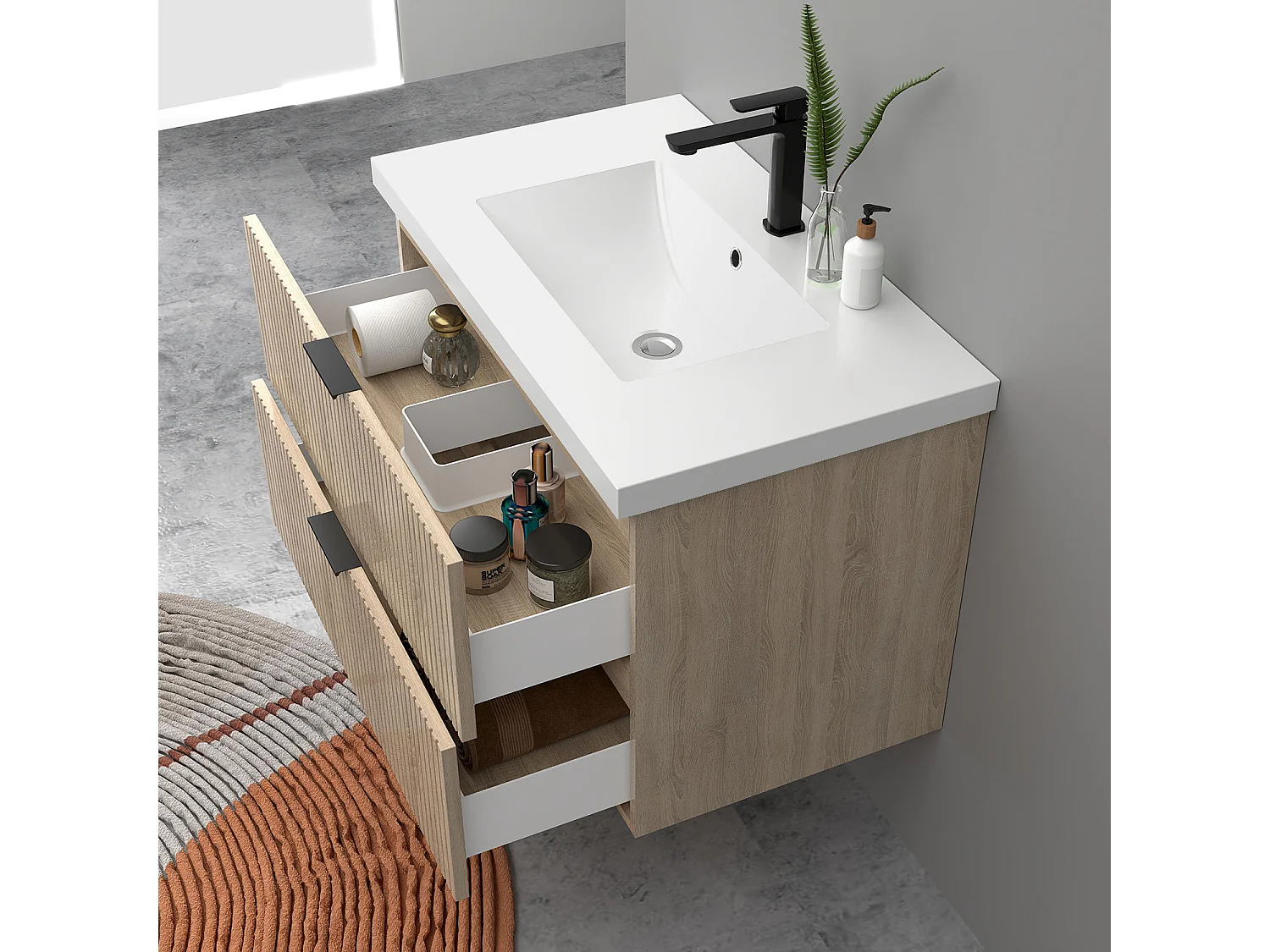 Meuble de salle de bain suspendu Strié Brillant 100cm avec simple vasque + 2 tiroirs, Chêne