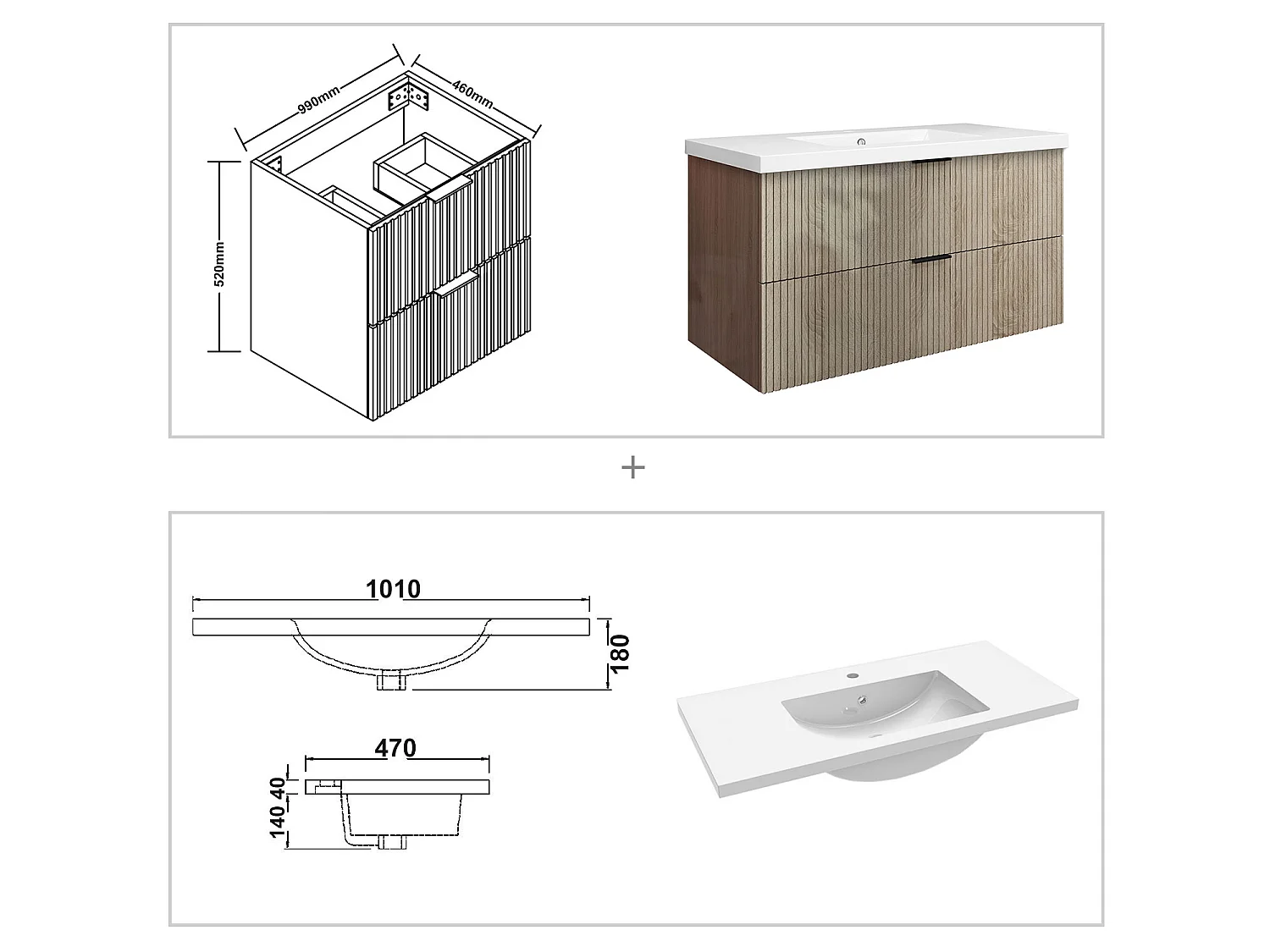 Meuble de salle de bain suspendu Strié Brillant 100cm avec simple vasque + 2 tiroirs, Chêne
