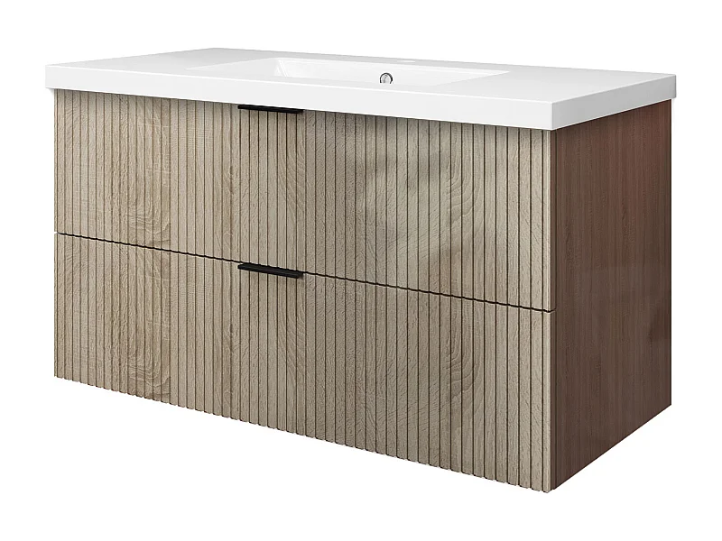Meuble de salle de bain suspendu Strié Brillant 100cm avec simple vasque + 2 tiroirs, Chêne