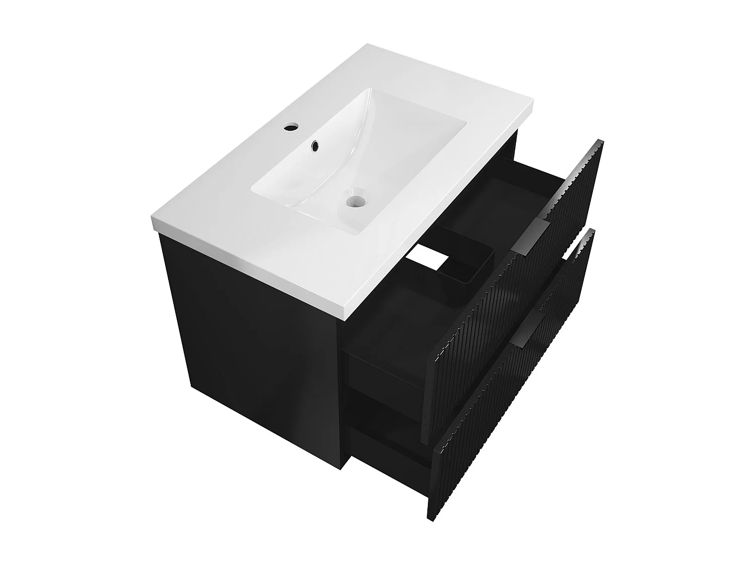 Meuble de salle de bain suspendu Strié Brillant 80cm avec simple vasque + 2 tiroirs, Noir