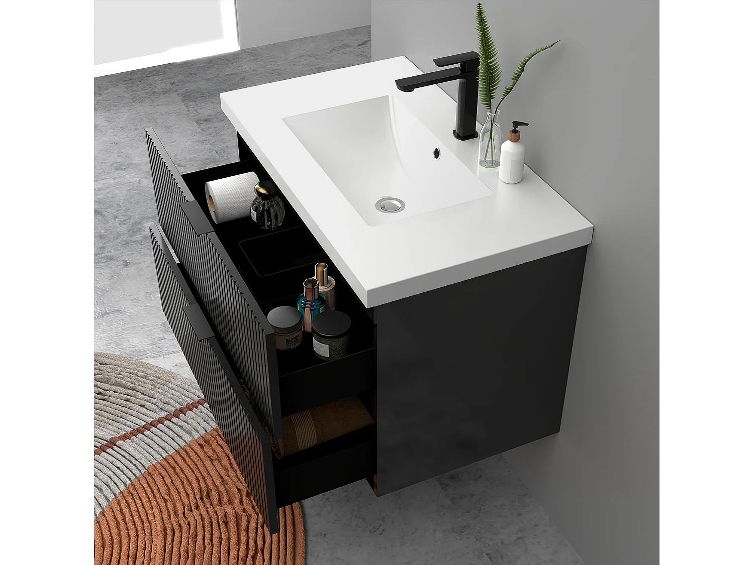 Meuble de salle de bain suspendu Strié Brillant 80cm avec simple vasque + 2 tiroirs, Noir