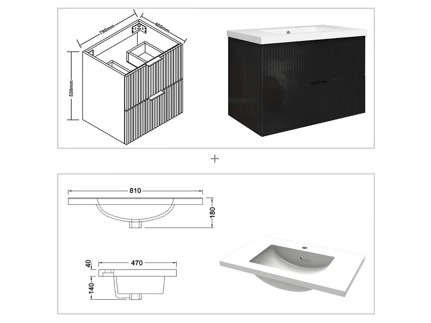 Meuble de salle de bain suspendu Strié Brillant 80cm avec simple vasque + 2 tiroirs, Noir