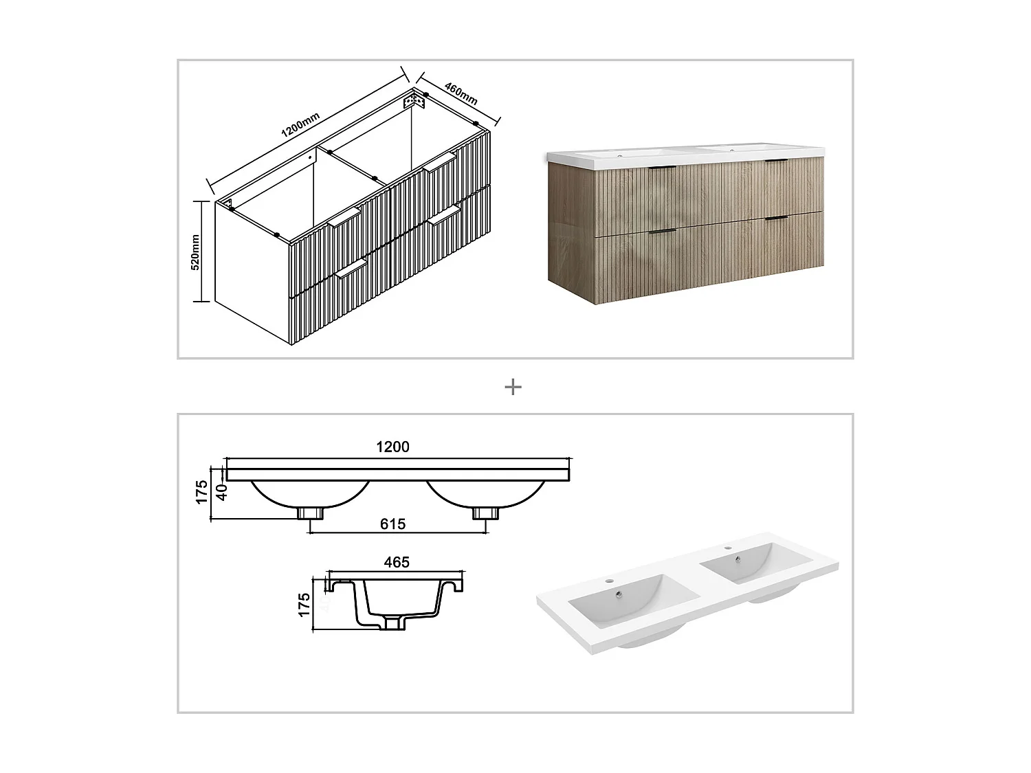 Meuble de salle de bain suspendu Strié Brillant 120cm avec simple vasque + 4 tiroirs, Chêne