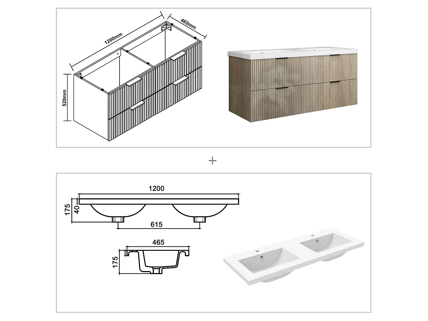 Meuble de salle de bain suspendu Strié Brillant 120cm avec simple vasque + 4 tiroirs, Chêne