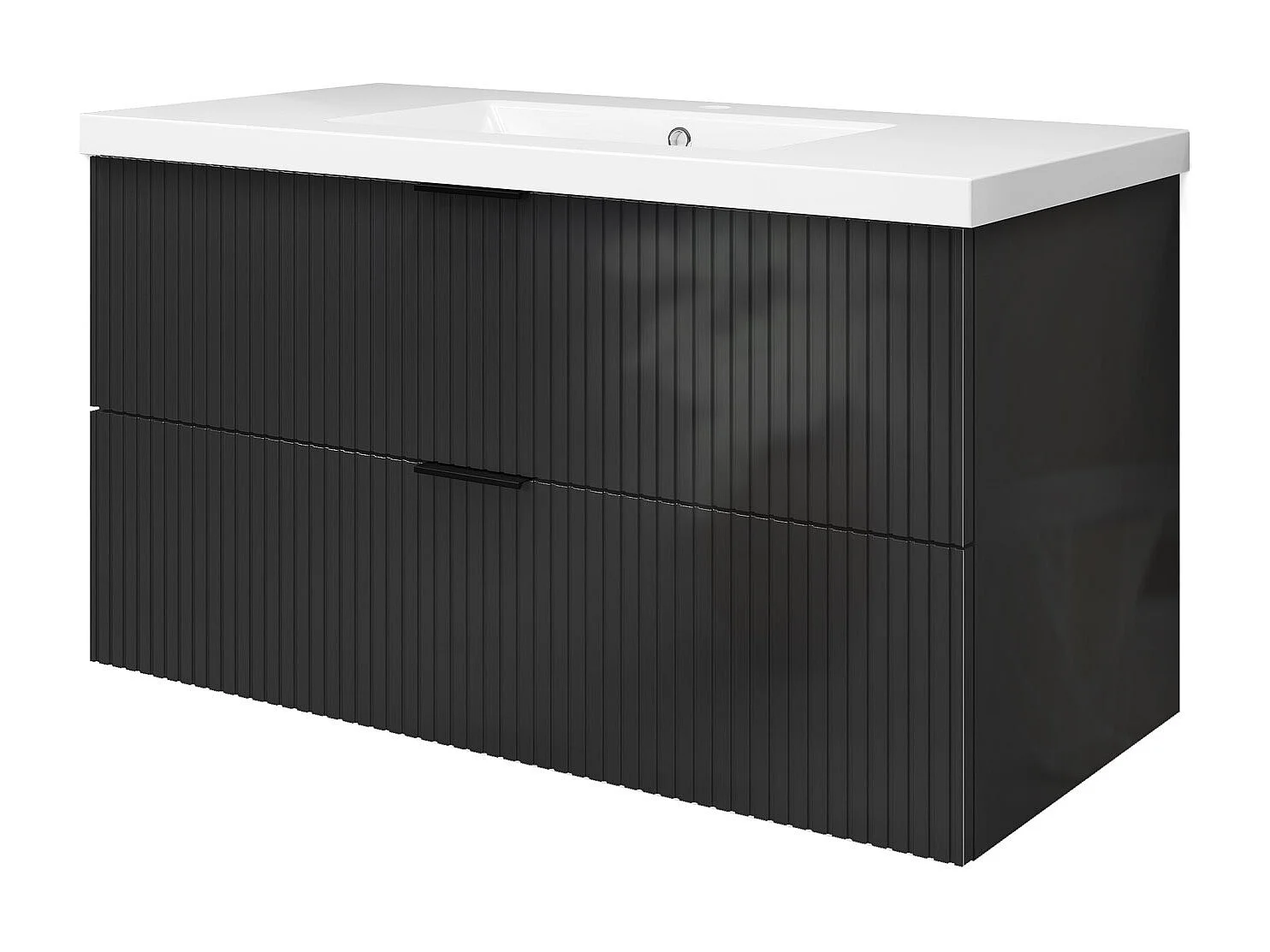 Meuble de salle de bain suspendu Strié Brillant 100cm avec simple vasque + 2 tiroirs, Anthracite