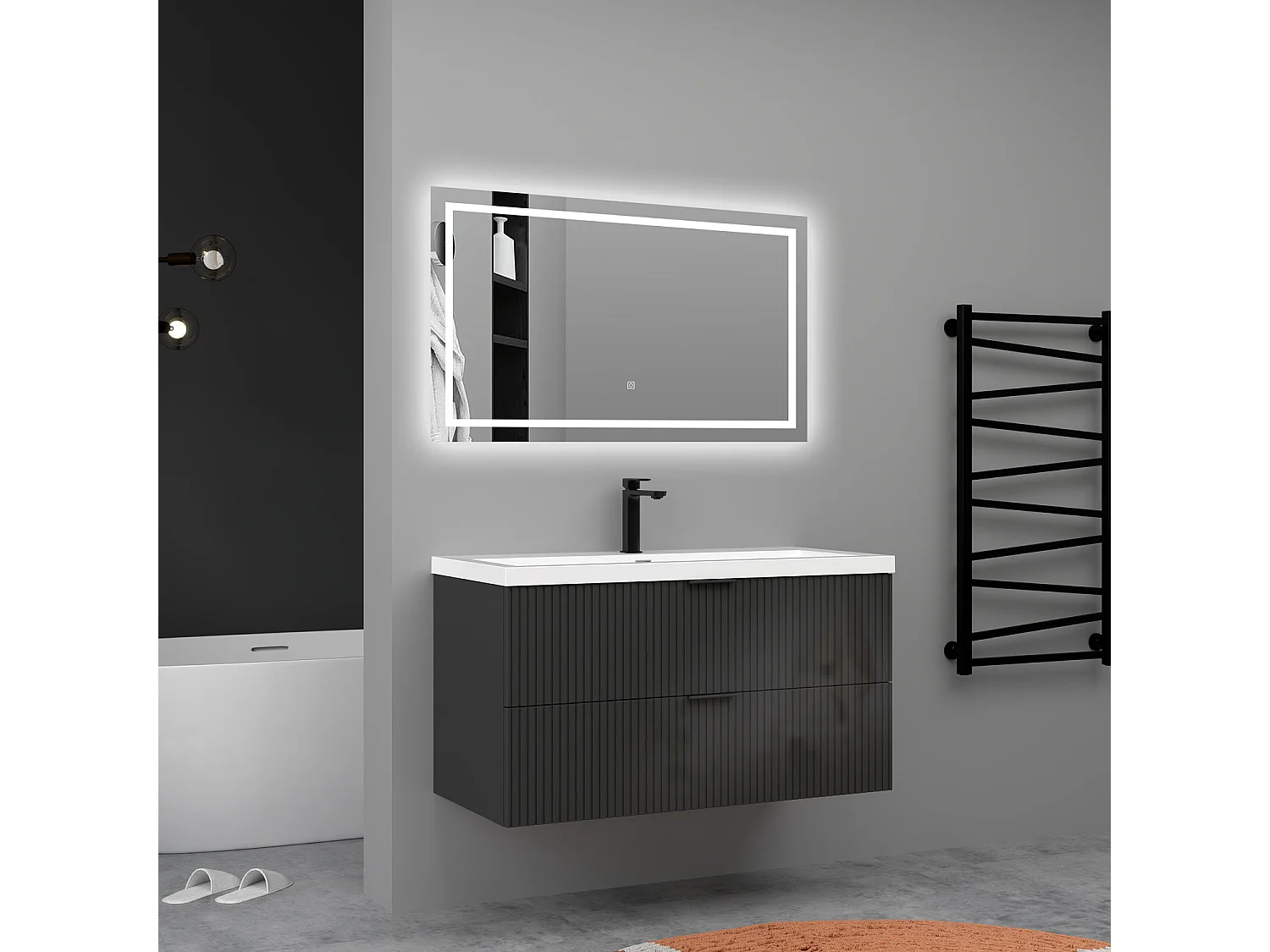 Meuble de salle de bain suspendu Strié Brillant 100cm avec simple vasque + 2 tiroirs, Anthracite